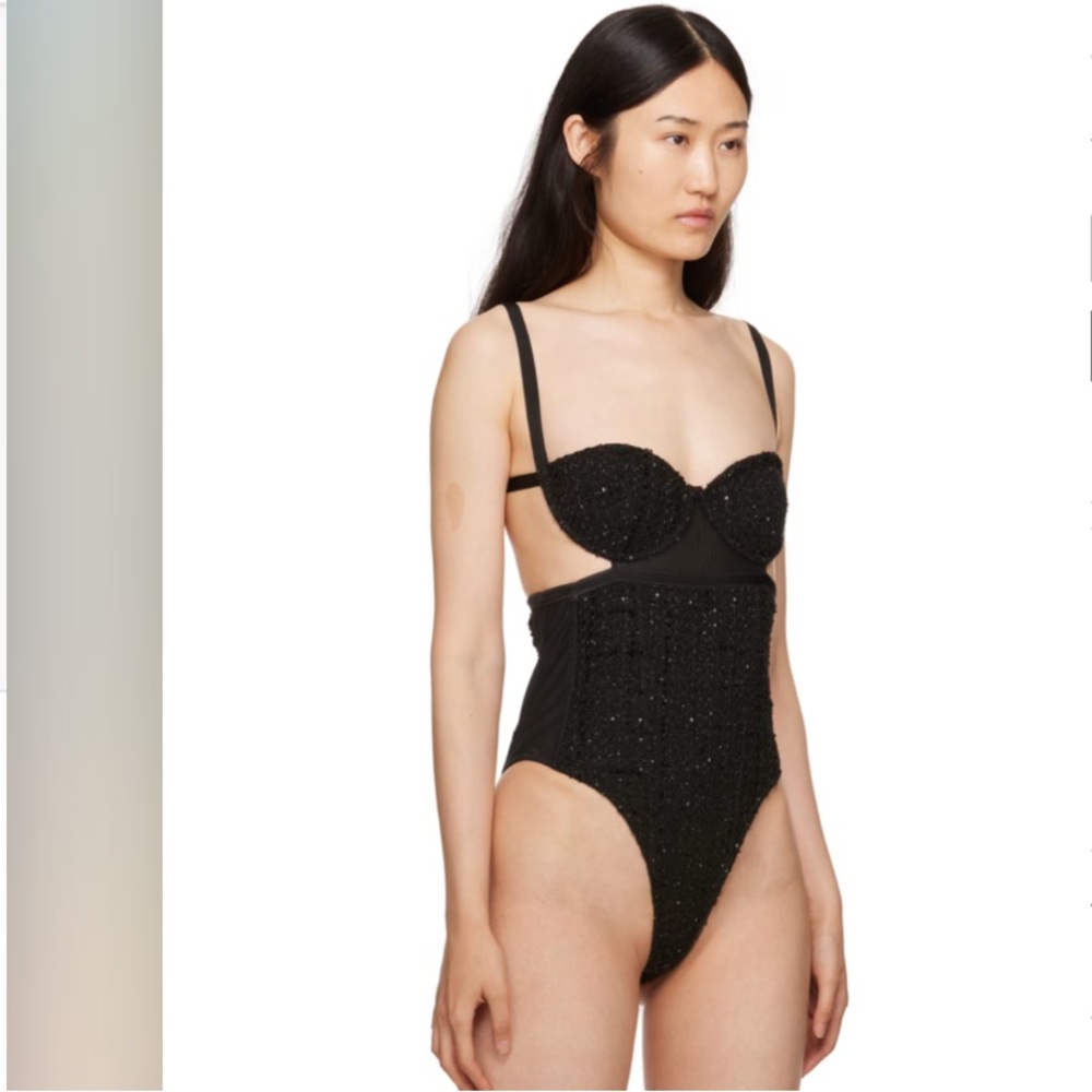 “GCDS” Bangon Sequin Tweed & Mesh Bustier Bodysuit